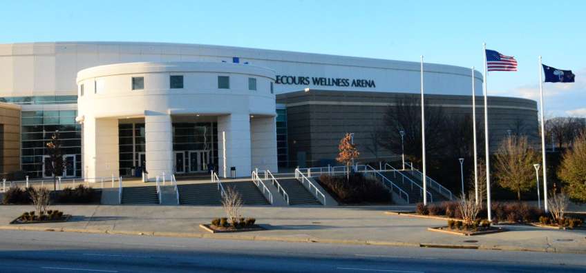 The main entrance of the Bon Secours Wellness Arena features multiple entrances and unique architecture.