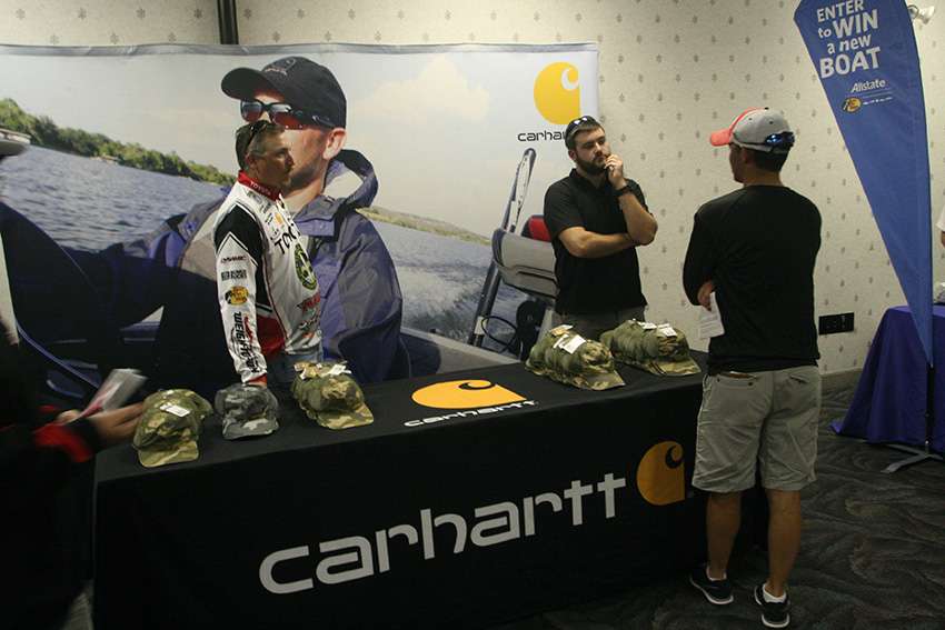 Elite Series Rookie Jordan Lee hangs out with his buddies at the Carhartt booth. 