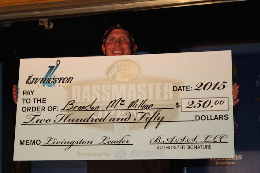 Day 2 leader Brandon McMillan wins the Livingston Lures Leader Award for leading after Day 2. 