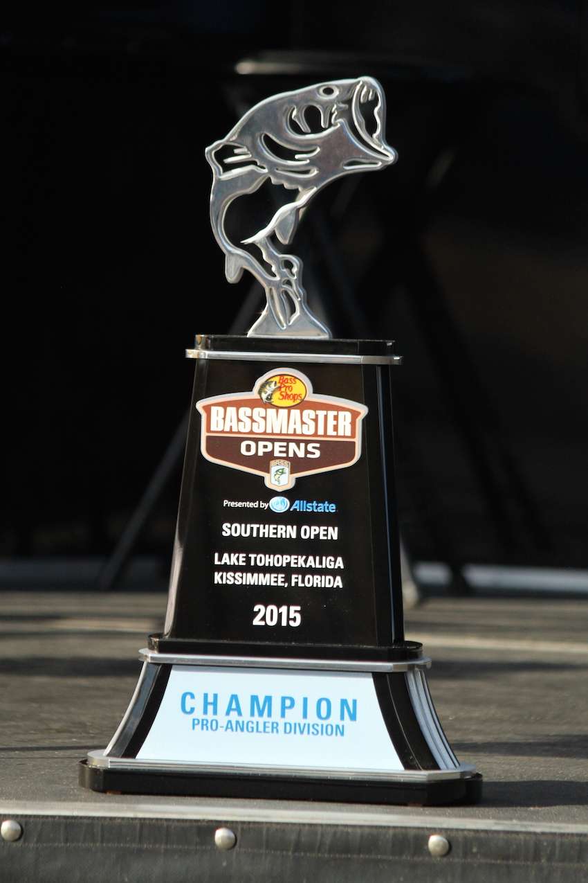The final weigh-in for the 2015 Bass Pro Shops Bassmaster Open on Lake Toho gets under way at Bass Pro Shops in Orlando, Florida. The winner on the pro side will receive this trophy, a brand new Nitro boat powered by Mercury Outboard and the first spot in the 2016 Bassmaster Classic (as long as he fishes the remaining two Open tournaments).