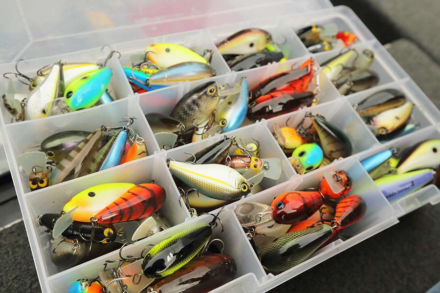 A box overflowing with Jackall crankbaits.