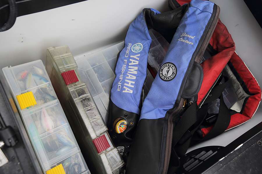 In the storage box closest to the driverâs seat, Lintner carries heavier items like his terminal tackle, plus extra boxes of jigs or crankbaits. It's also where he carries his life vests. 