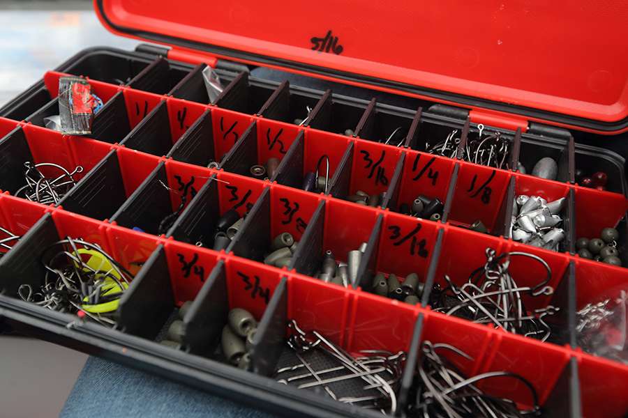 Lintner's worm weights and worm hooks are all organized in one box for easy access.