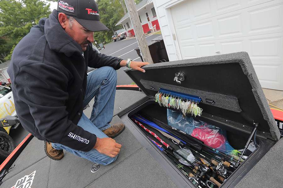 The right-side rod locker holds extra rods and a special rack for organizing his spinnerbaits.