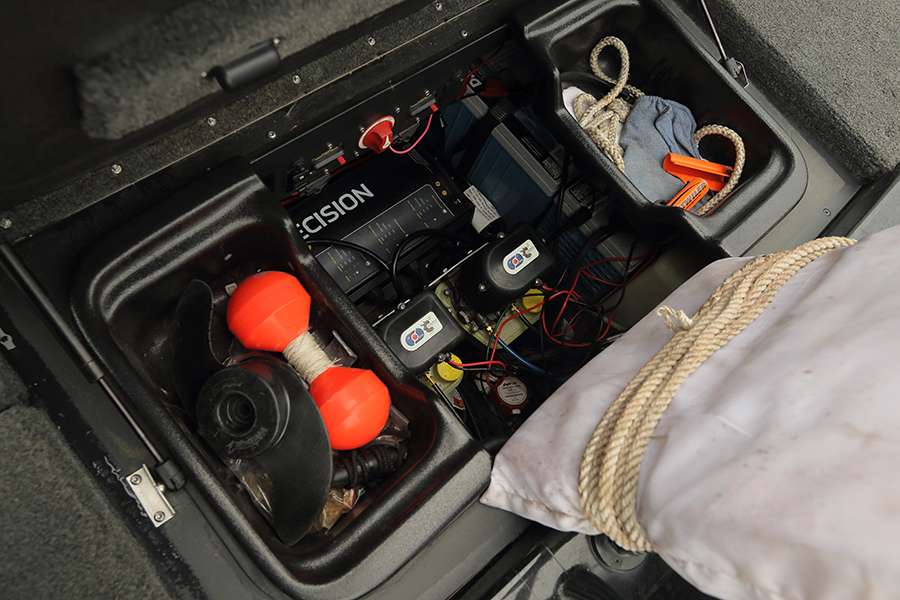 The box at the back of the boat houses an extra trolling motor prop, a buoy marker, ropes, towels, rags, a throwable cushion, his Power Pole pumps and his batteries.