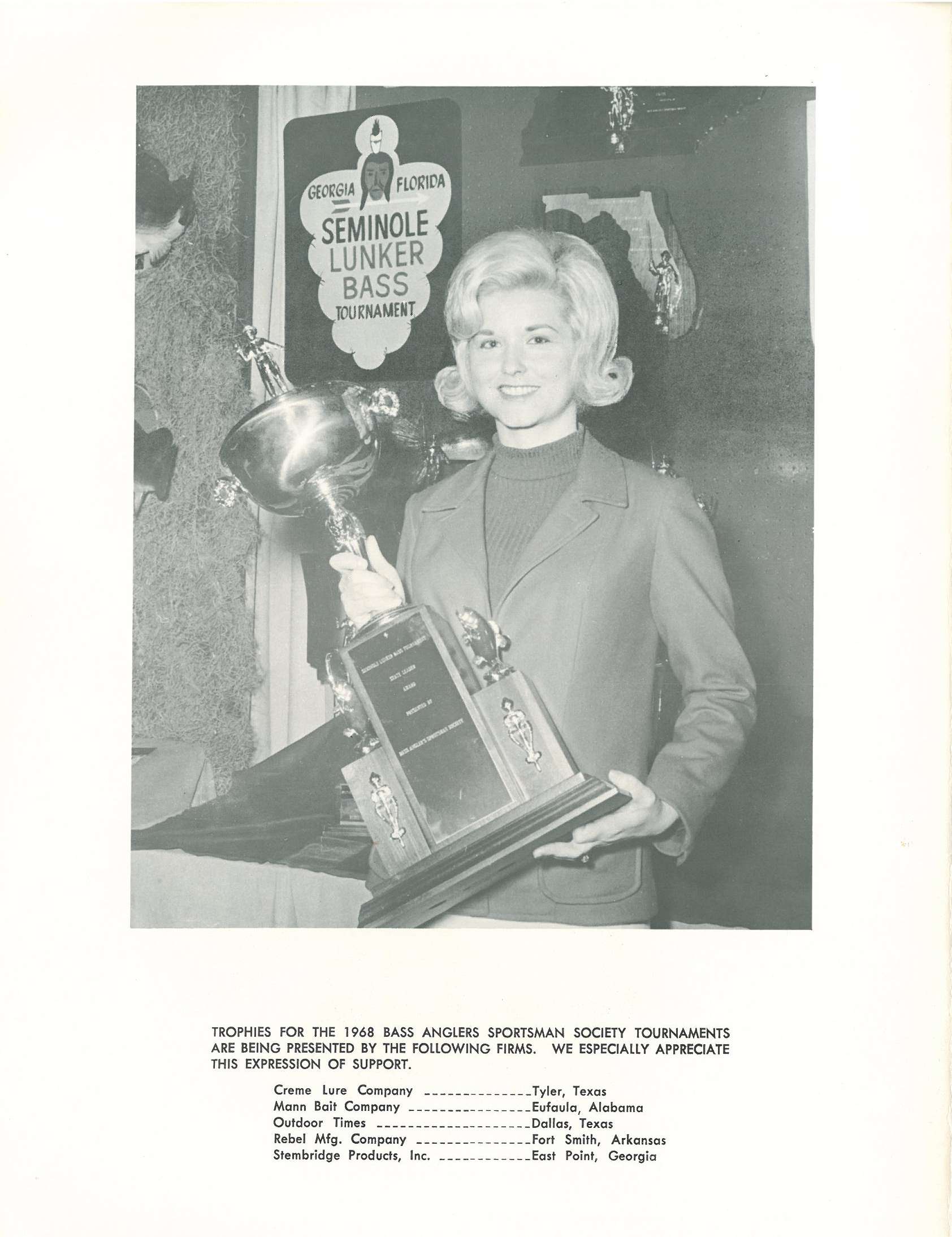 Inside the front cover, B.A.S.S. thanks the companies that presented trophies for the 1968 schedule of tournaments.