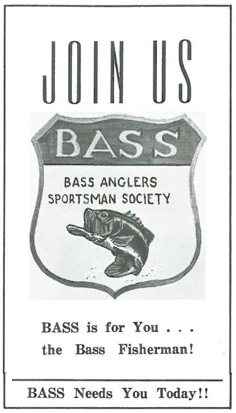On the first page, a hand-drawn logo is part of a small ad for B.A.S.S. membership.