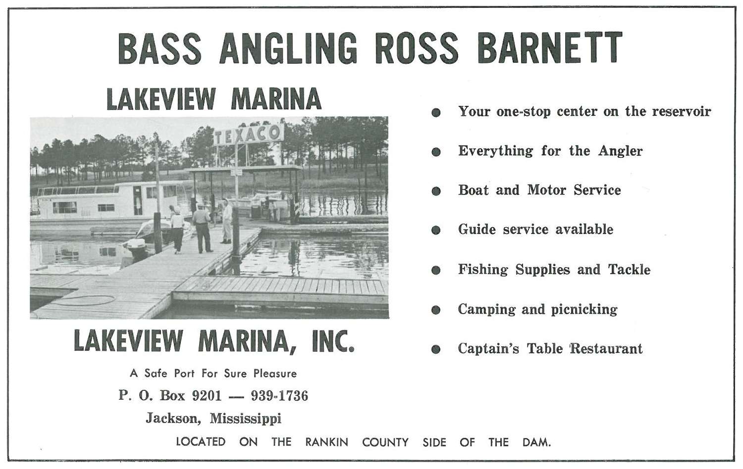 The Lakeview Marina is located on the popular Ross Barnett Reservoir in Mississippi. In the early days, marina ads in the magazine were sometimes traded out for hosting B.A.S.S. tournaments.