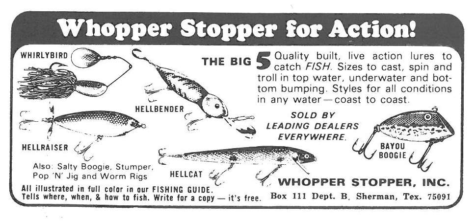 Here, illustrations show off five lures sold by Whopper Stopper. The lure company was founded by Jodie Grigg, and at one time the company was based in Sherman, Texas.