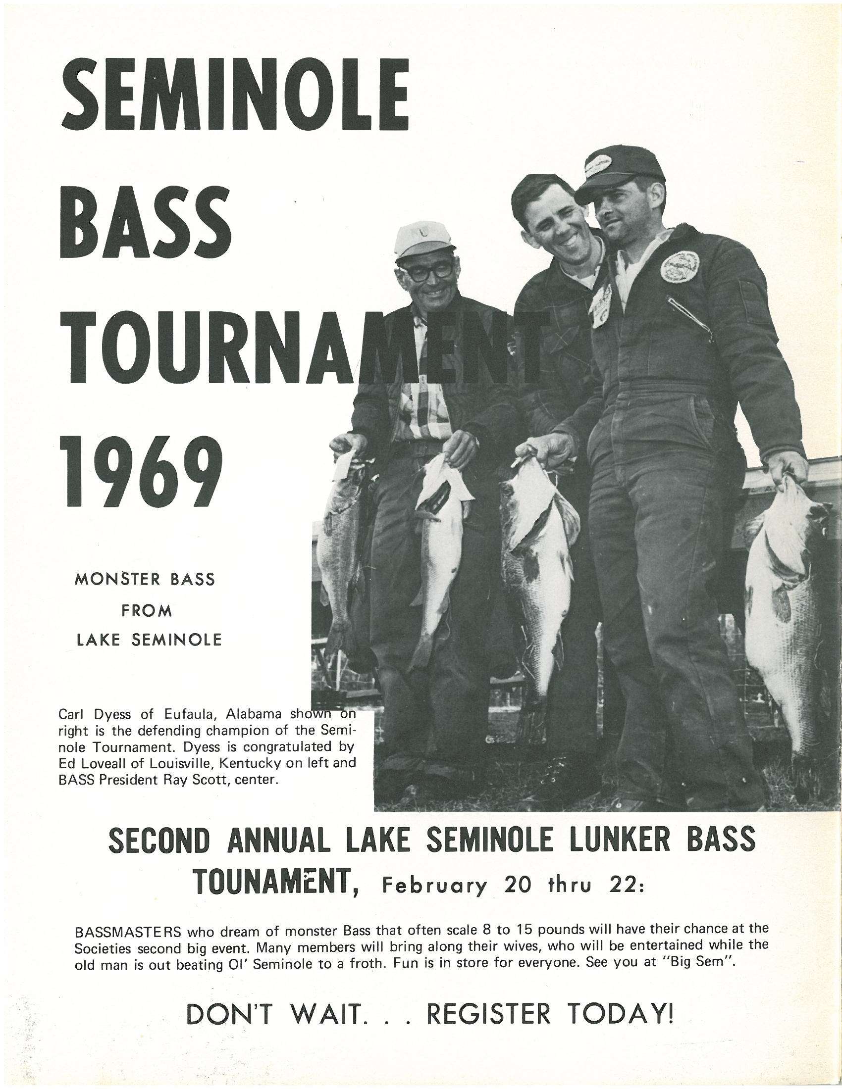 Inside the front cover, an ad for the 1969 tournament includes a picture of the first Seminole event champion, Carl Dyess. The winning fish are shown dead as B.A.S.S. did not begin its catch-and-release efforts until 1972.