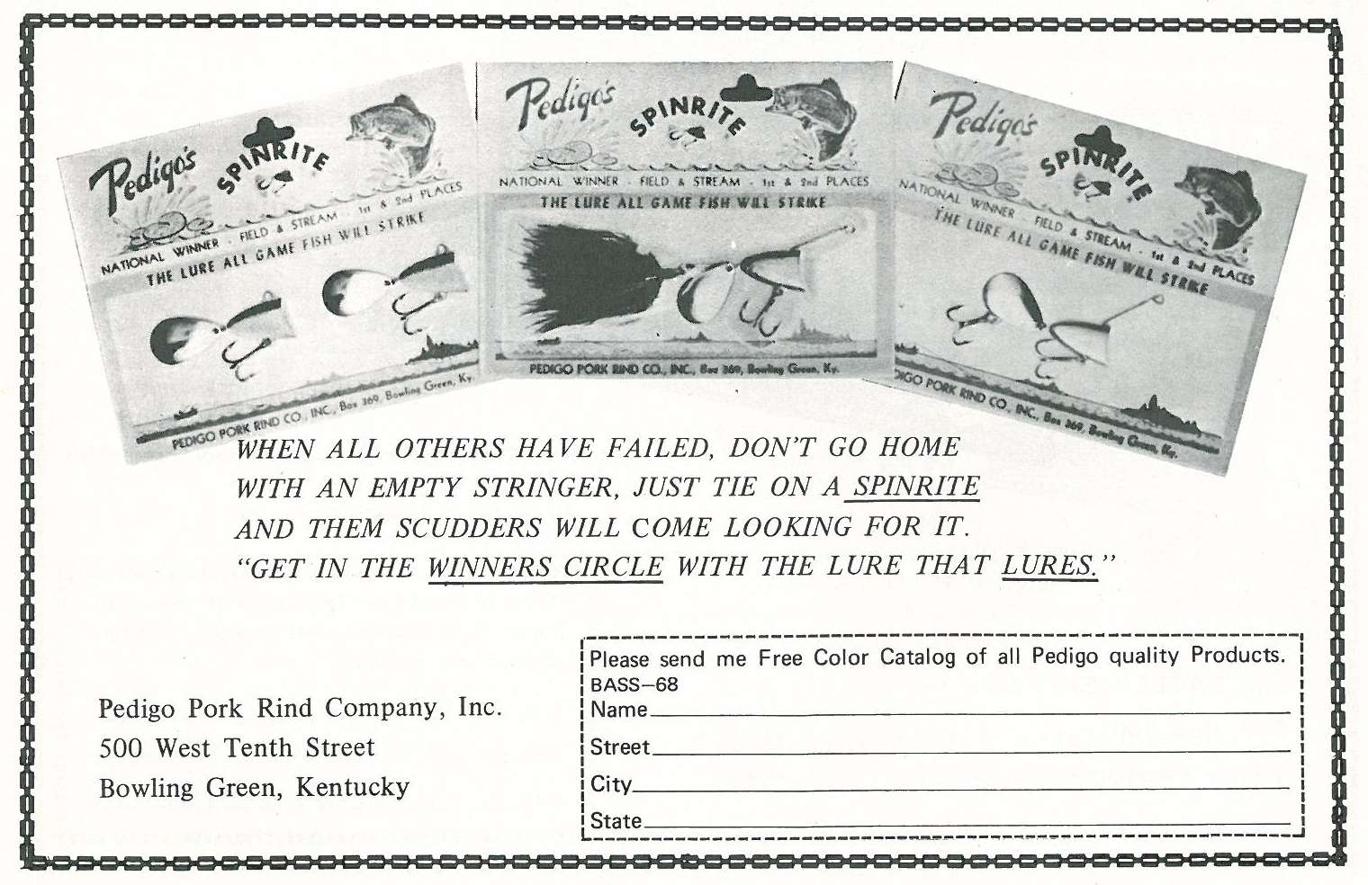 The Pedigo Pork Rind Co. offers up its selection of lures. Pro angler Billy Westmorland made the Spinrite lures popular in the 1970s.