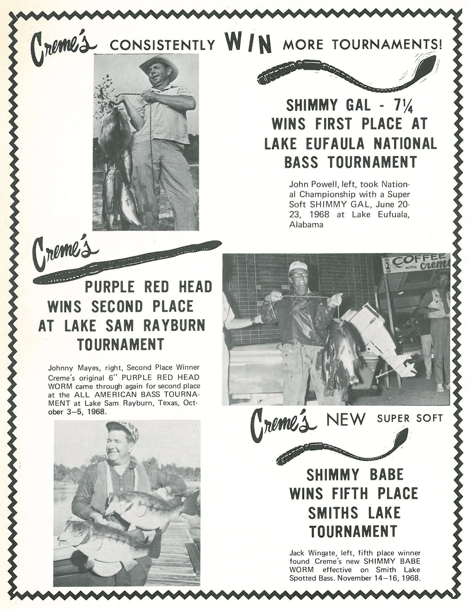 Creme's Lure co. showcases its full lineup of plastics with a full-page ad. Creme's is still around offering today's anglers a selection of soft plastics.