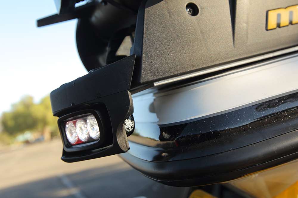 The Rigid Industries LED headlight on Ehrler's trolling motor mount helps him when he's running in low-light conditions. 