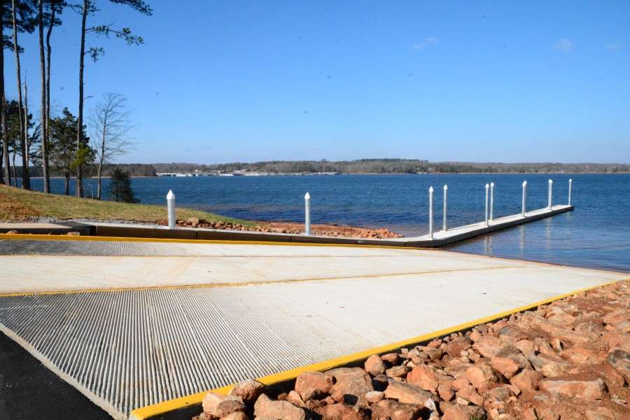 This is the new three-lane boat ramp at Green Pond Landing that will serve as the launch site for the 56 competitors for the GEICO Bassmaster Classic. The massive facility, located in Anderson, S.C., was opened to the public during a formal ceremony Dec. 19, 2014. It was scheduled to be finished four months earlier, but heavy rains during the summer of 2013 slowed the process. 