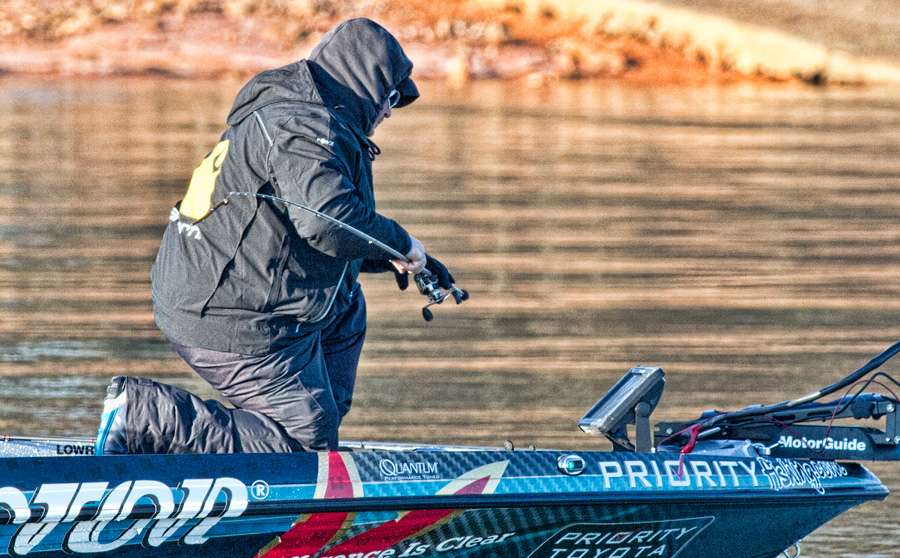 Classic Practice Day was marked by cold temperatures in the 20s that forced anglers to bundle up, including Jacob Powroznik.