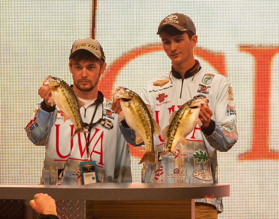 Take a look at what the collegiate anglers brought in at the 2015 Bassmaster College Classic on Lake Keowee. University of West Alabamaâs Andrew Warbington and Mitch Brumbeloe. 