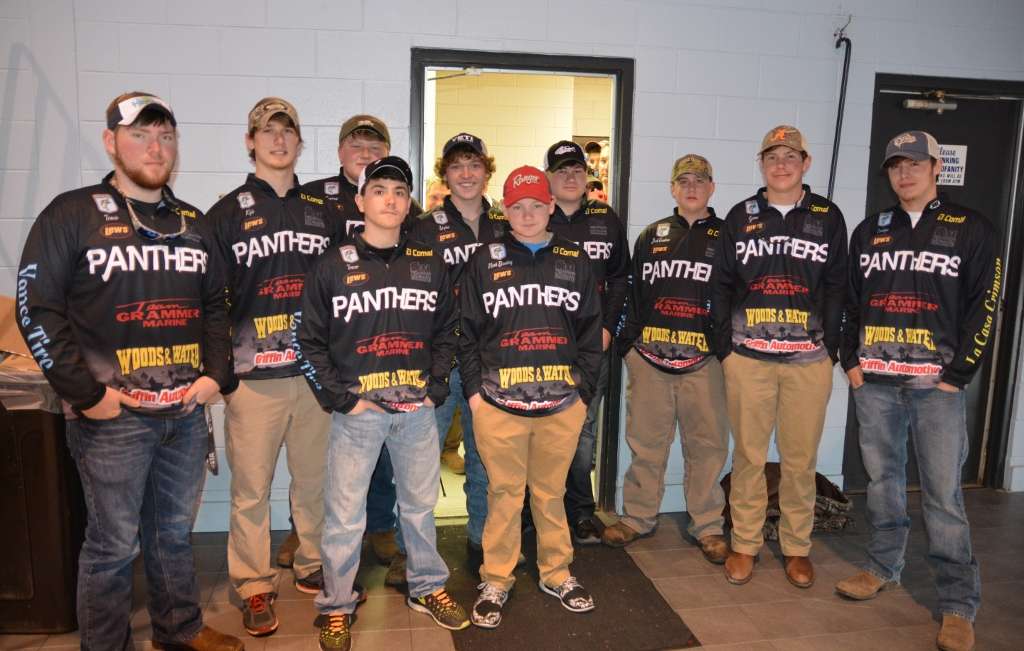 The Brookwood High School Panthers Fishing Team - all of 10 of them - finally made it inside the door and away from the cold.