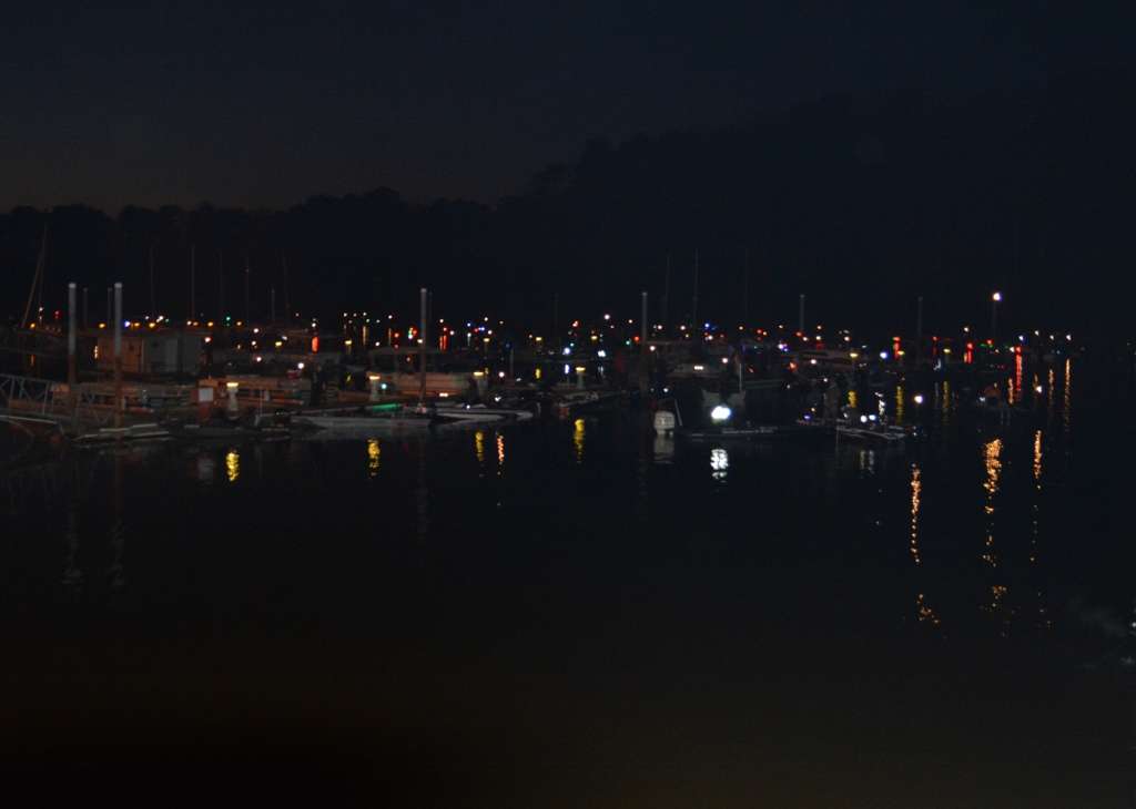 The harbor at Wind Creek State Park is lit up like a Christmas parade as as boats sat with running lights on, waiting for the 6:15 a.m. takeoff.