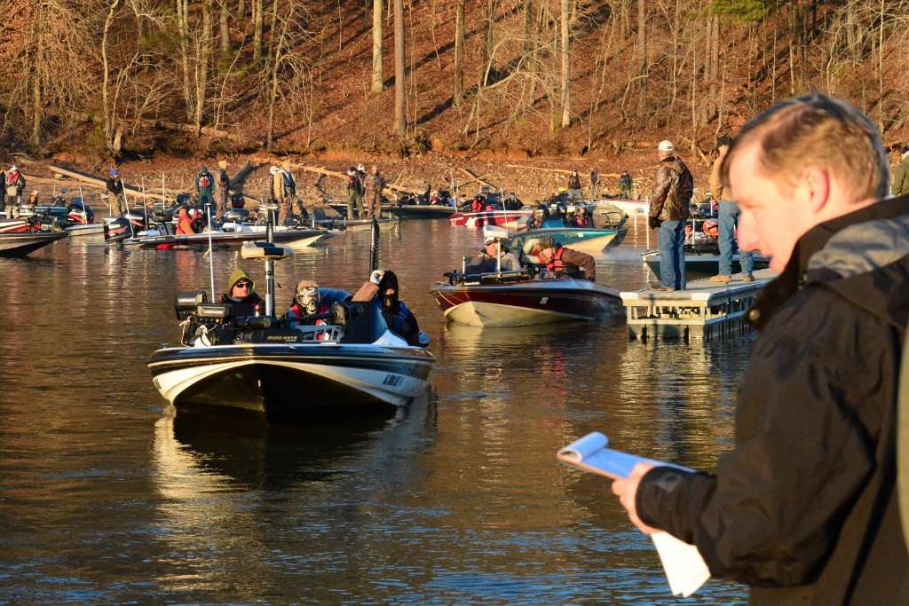 Tournament director Hank Weldon calls boats one at a time.