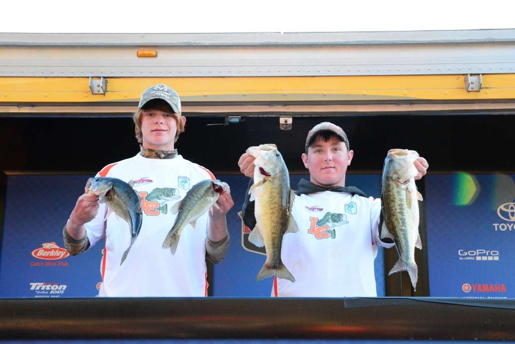 Justin Selvidge, left, and Bailey Fain of Lenoir City (Tenn.) High School nearly took first place with five bass that weighed 14-1. It was good for second.