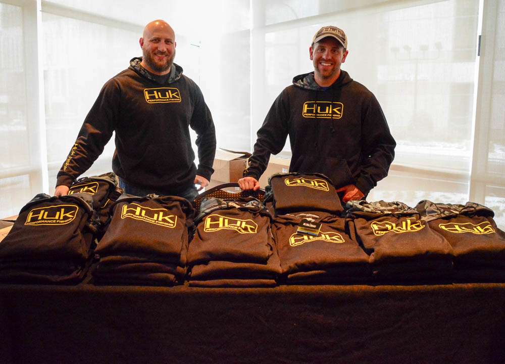 Huk is handing out their performance fishing sweatshirt. It has anti-fuzz technology. Really! 