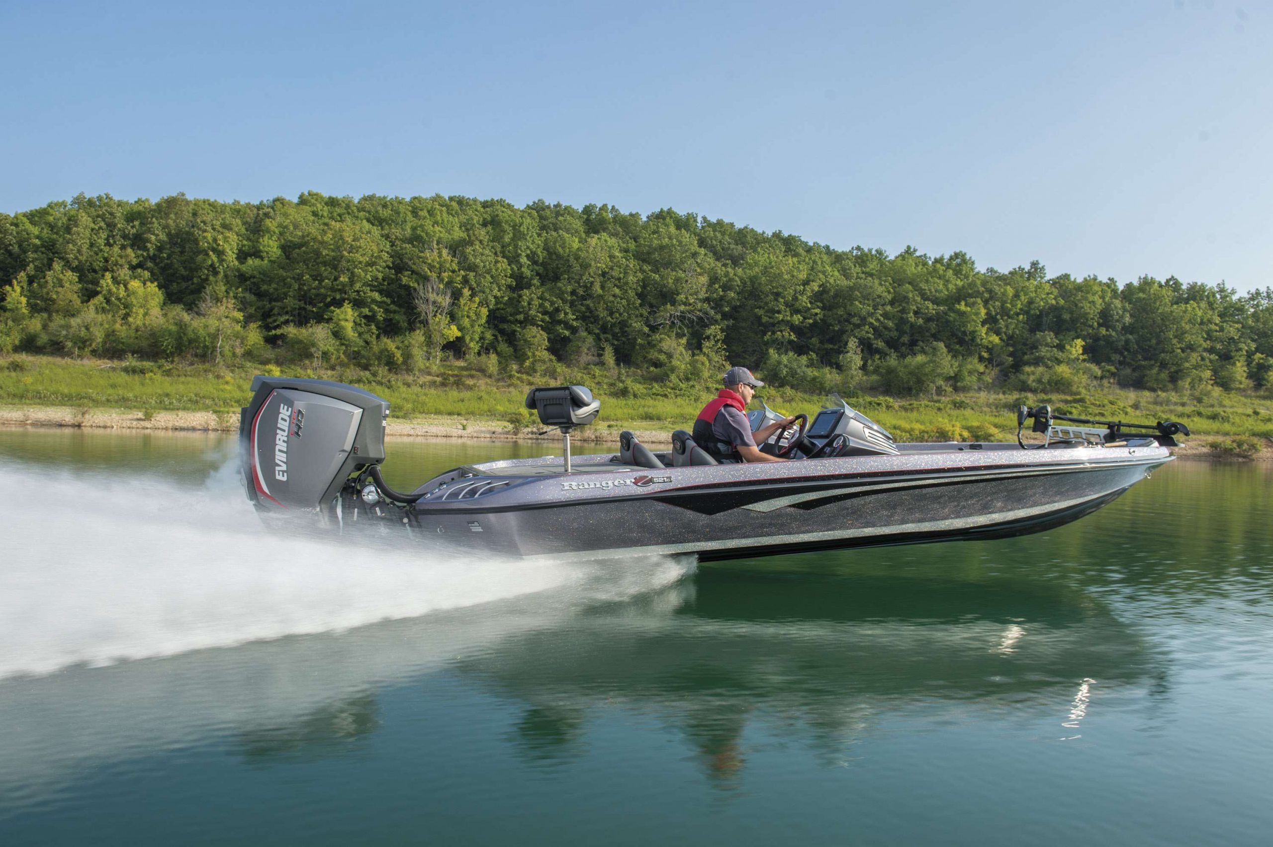 <B>RANGER BOATS HERO PACKAGE </b>
This boat company has created an exclusive package to highlight the new Evinrude ETEC G2 outboard hanging off its transom. Along with the engine, anglers get a custom steering wheel; black, chrome-finished 17-inch trailer wheels; custom-painted consoles and setback plate; and an innovative cockpit floor liner thatâs soft, stays cool and dries faster than carpet. The Hero package is available on Z520C, Z521C, 620FS and 621FS models. It will debut in Rangerâs Classic booth.