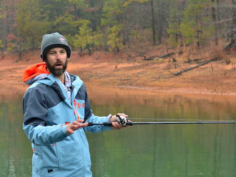 Early on in a slough, Mike Iaconelli takes time to explain the blueback herring bite he was on.