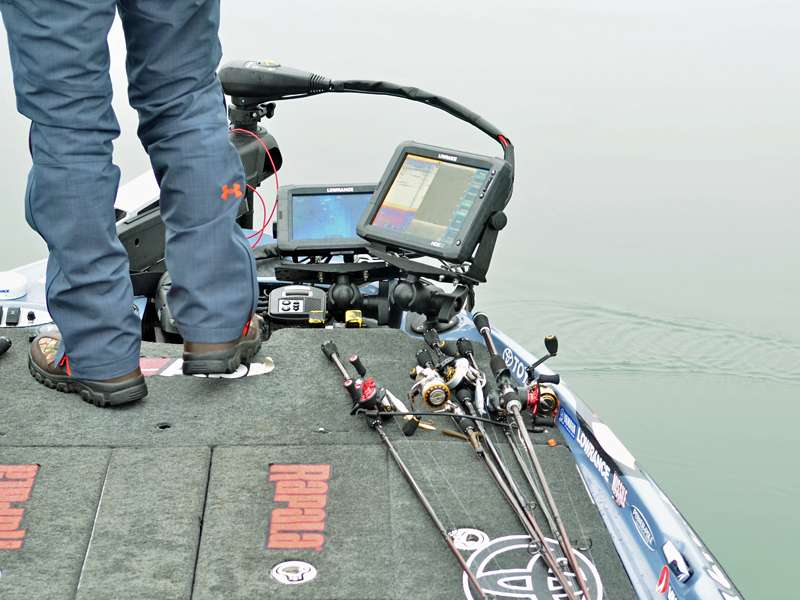 On deck, Abu Garcia Ike Edition rods that are mated to various Abu Garcia reels litter the floor. A pair on big Lowrance units reside up front so he can keep tabs on whatâs going on below.