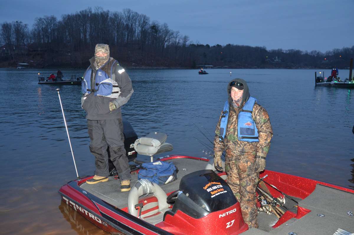 The Clinton City High School team, Jake Lee and Jacob Mashburn are ready for the cold day on Lake Keowee.