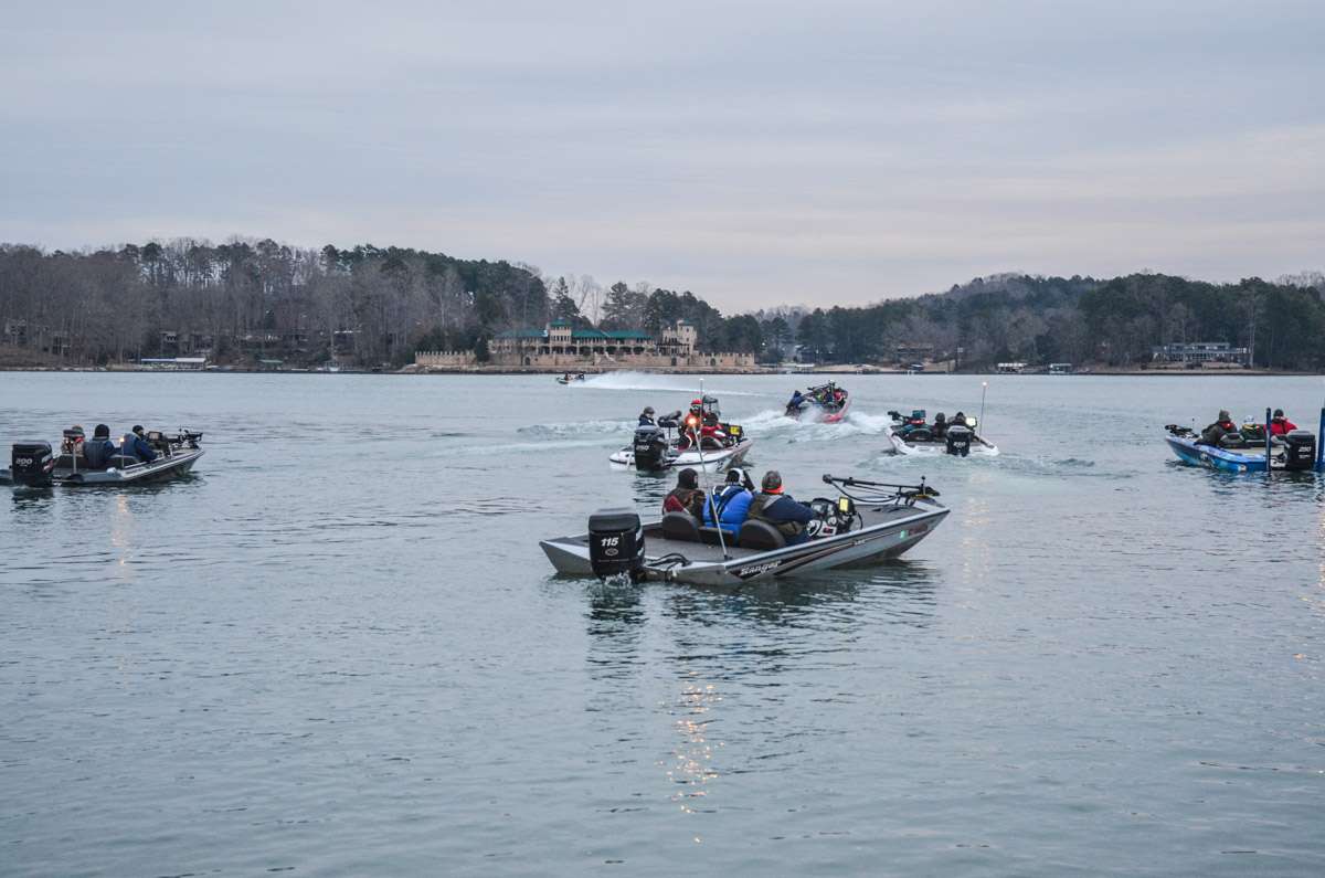 The Bassmaster High School Classic teams taking off to find their spots on Lake Keowee.