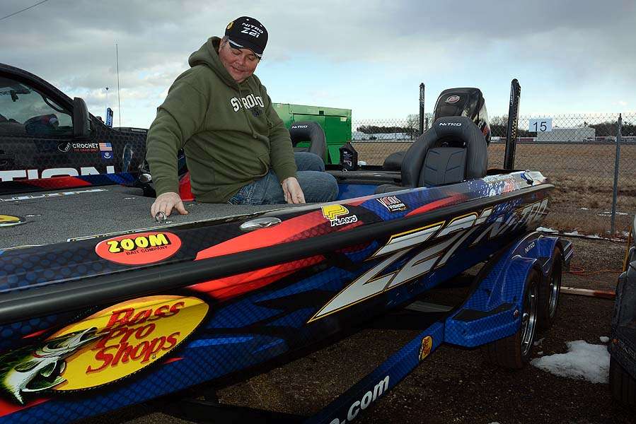 Brian Snowden packs rods into his new Nitro Z21. The Classic is the coming out party for the flagship fiberglass tournament boat. 