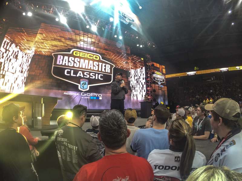 Dave Mercer asks the crowd if they are ready to weigh some bass. He got a positive response.