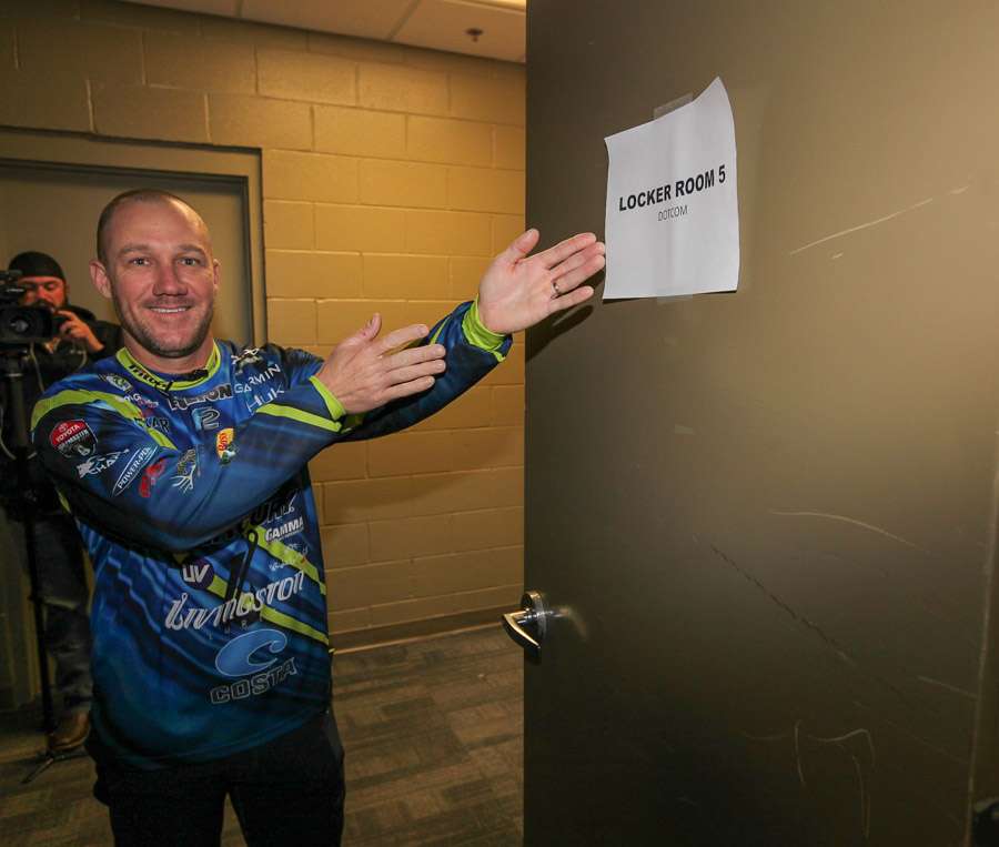 The Bassmaster.com room is one of multiple locker rooms in the underbelly of the Bon Secours Wellness Arena. (Hence, the showers.)