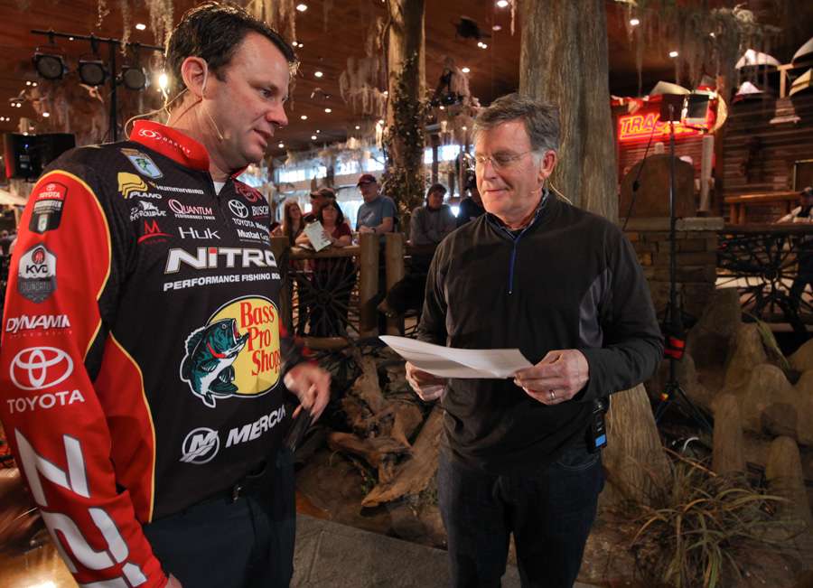 Hosts Kevin VanDam and Tommy Sanders review the schedule for the first welcoming scene.