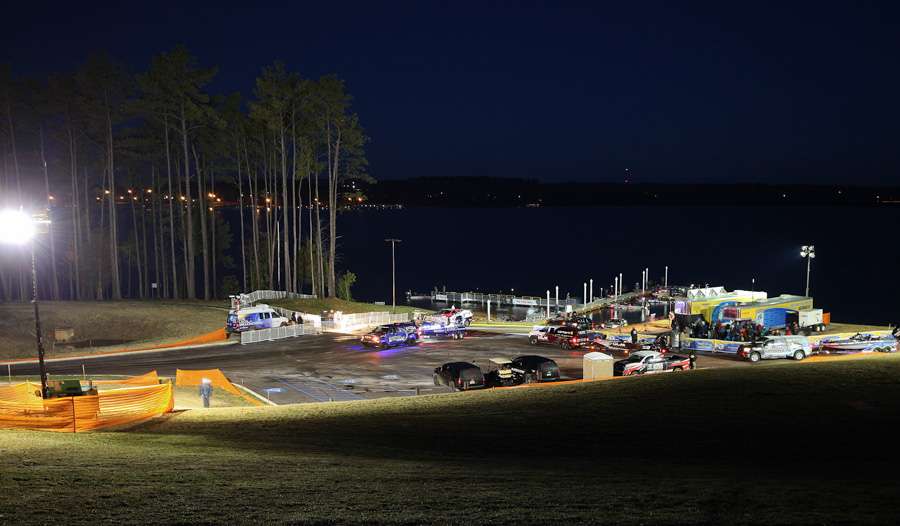 The morning launch area at Green Pond Landing was lit up early as Classic competitors began to arrive for the final day of practice. 