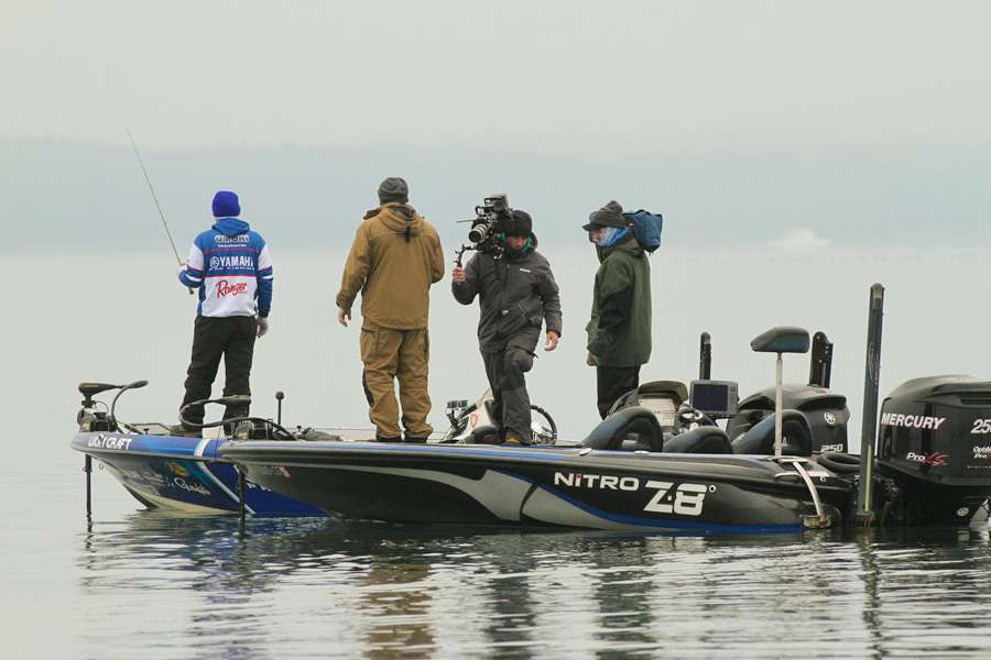 Day 2 leader Takahiro Omori attracted a lot of attention this morning from the cameraman recording video for Bassmaster TV and Bassmaster.com.