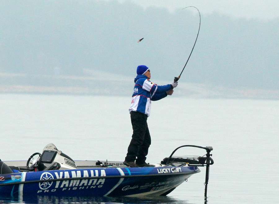 Omori starts his day firing off a creature bait into the waters of Lake Hartwell. 