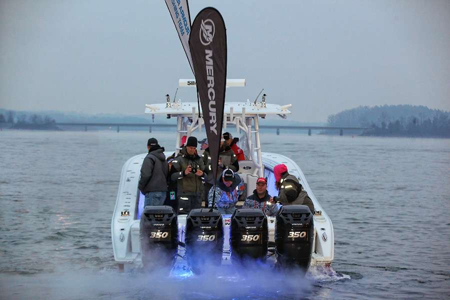 The Mercury spectator boat heads out into Hartwell to follow the action.