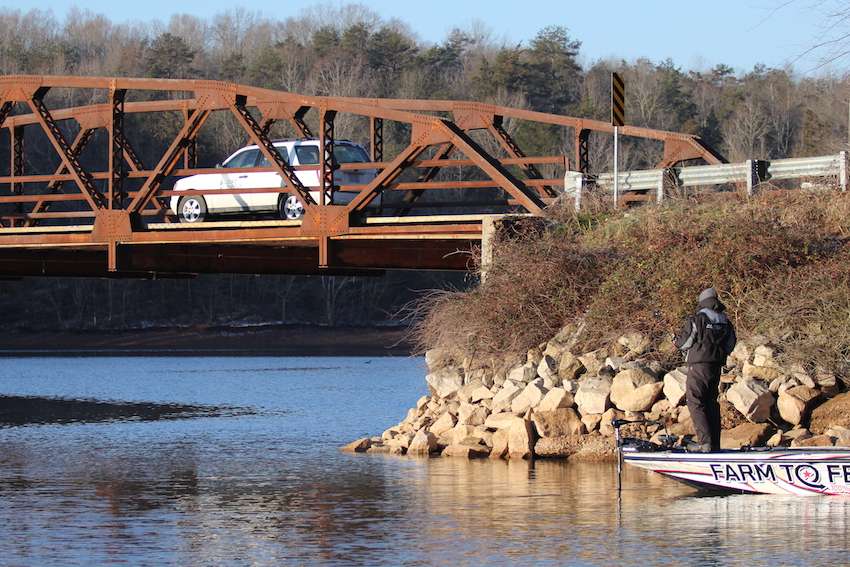 Not quite the crowd that Randy Howell had while fishing the Spring Creek bridge last year to win the 2014 Bassmaster Classic. 