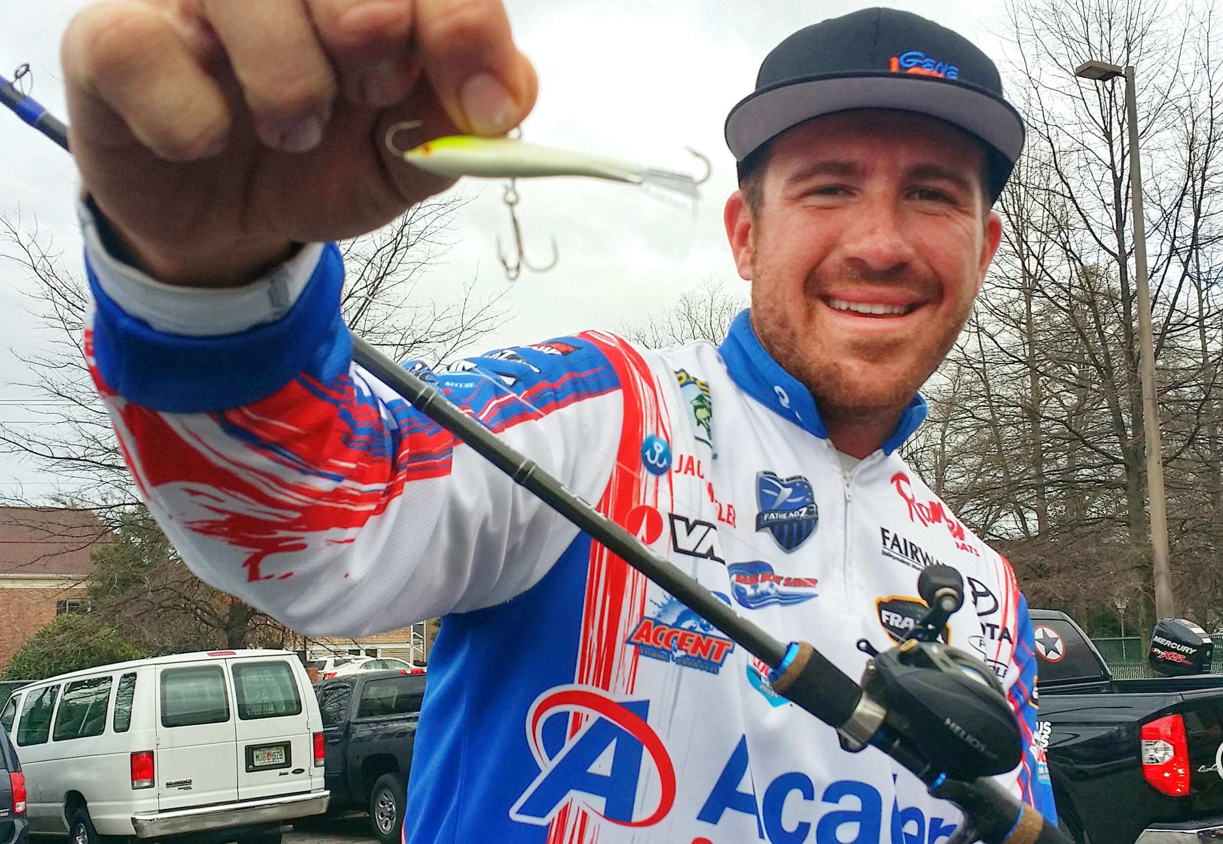 Believe it or not, Jacob Wheeler's best bait was an ice-fishing bait: a Rapala Jigging Rap (glow). He fished that, a Fish Stalker Pro Shad Spin (horsehead) and a dropshot in 13-40 feet in mid-lake pockets and ditches. He also fished the new Rapala Shadow Rap jerkbait (moss back shiner) shallow around herring in creeks.