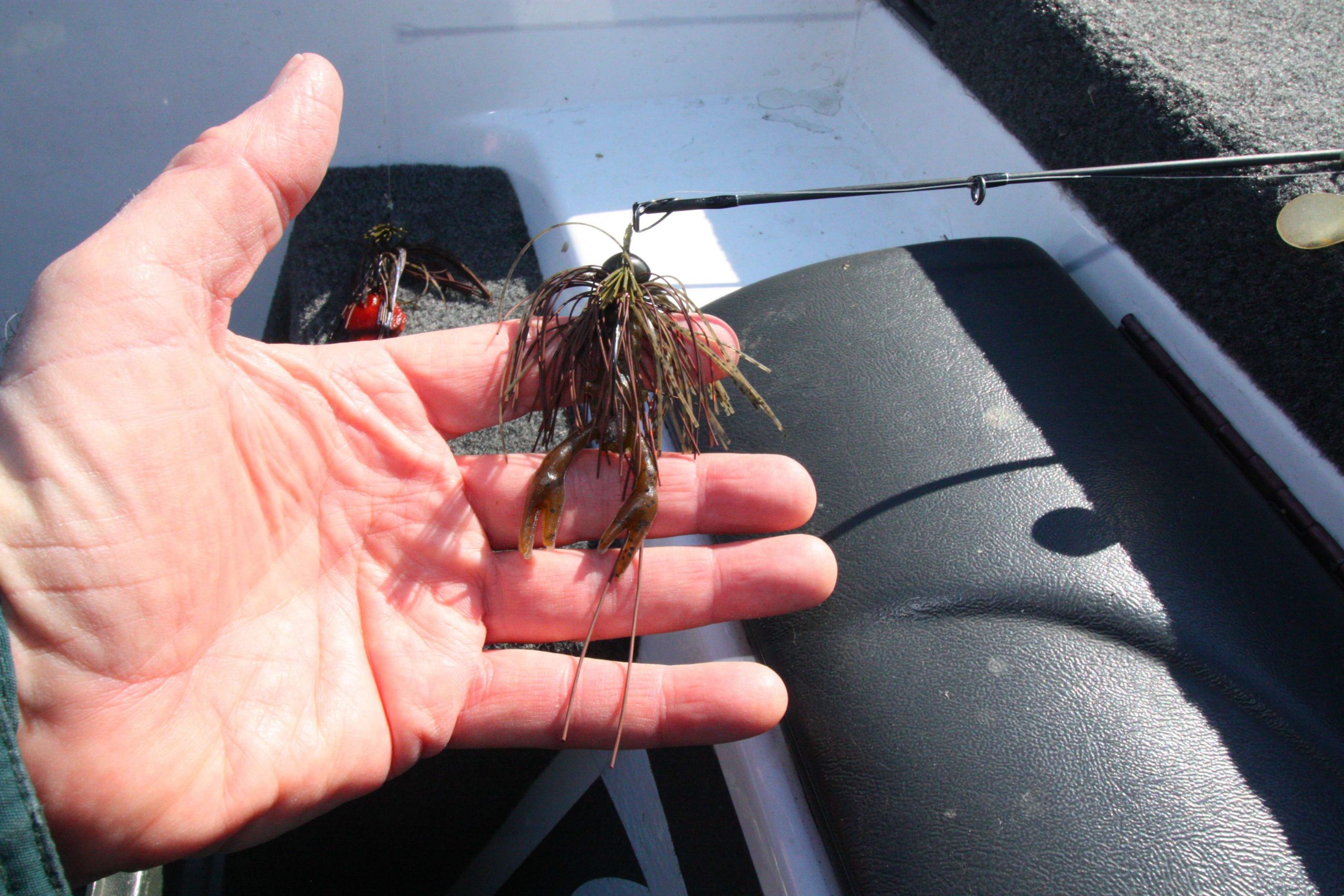 Pirchâs custom-made Antenna jigs feature two extra-long skirt strands that mimic the antennae of a live crawfish.