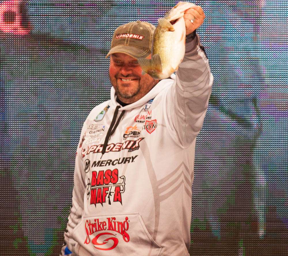 Greg Hackney fished a jig (surprise!): a 1-oz Strike King Denny Brauer Structure Jig with a Strike King Rage Craw (both candy craw). He fished channel-swing ledges in creeks â 