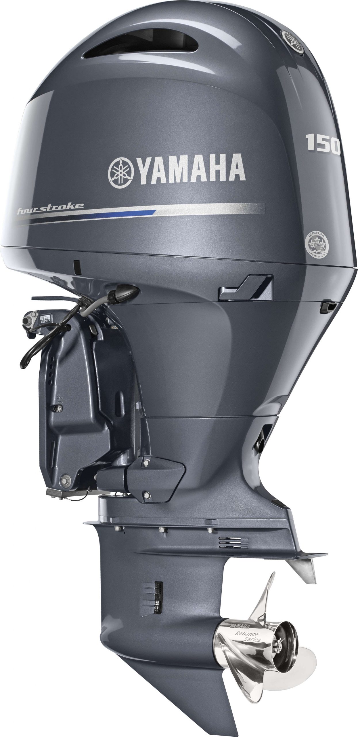 <B>YAMAHA F150B</b>
With technological updates to the original F150, this outboard features a new eight-tooth dog clutch that replaces the six-tooth clutch for smoother shifting. It also has internal machining and metallurgical improvements. The F150B offers better reliability and quieter operation, and it has an improved appearance thanks to lighter composite upper and lower cowlings that provide a sleeker profile.