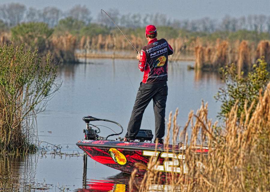 On the same reservoir, Kevin VanDam was taking part in a photo shoot for Plano Tackle Systems.