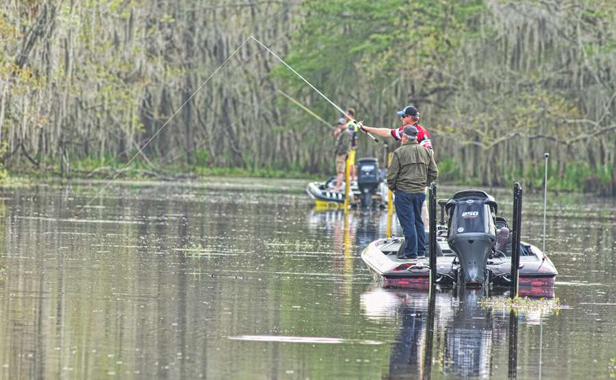 Day 1 of the Bassmaster Elite on the Sabine River presented by STARK Cultural Venues started with some crowded conditions on the water.