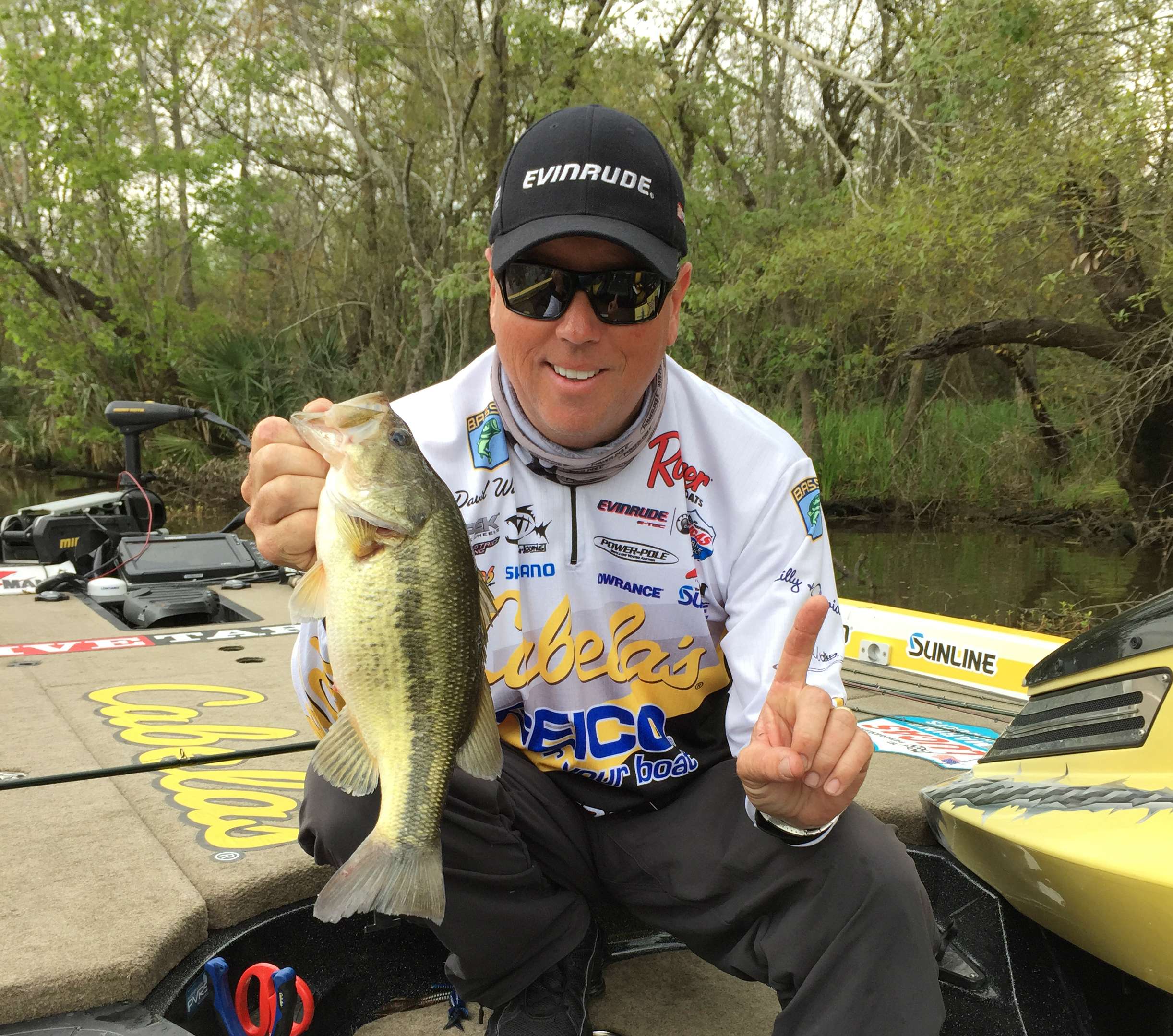 David Walker with fish No. 1 in the boat on Day 2.
<br>Photo by Bassmaster Marshal Luke Bertrand
