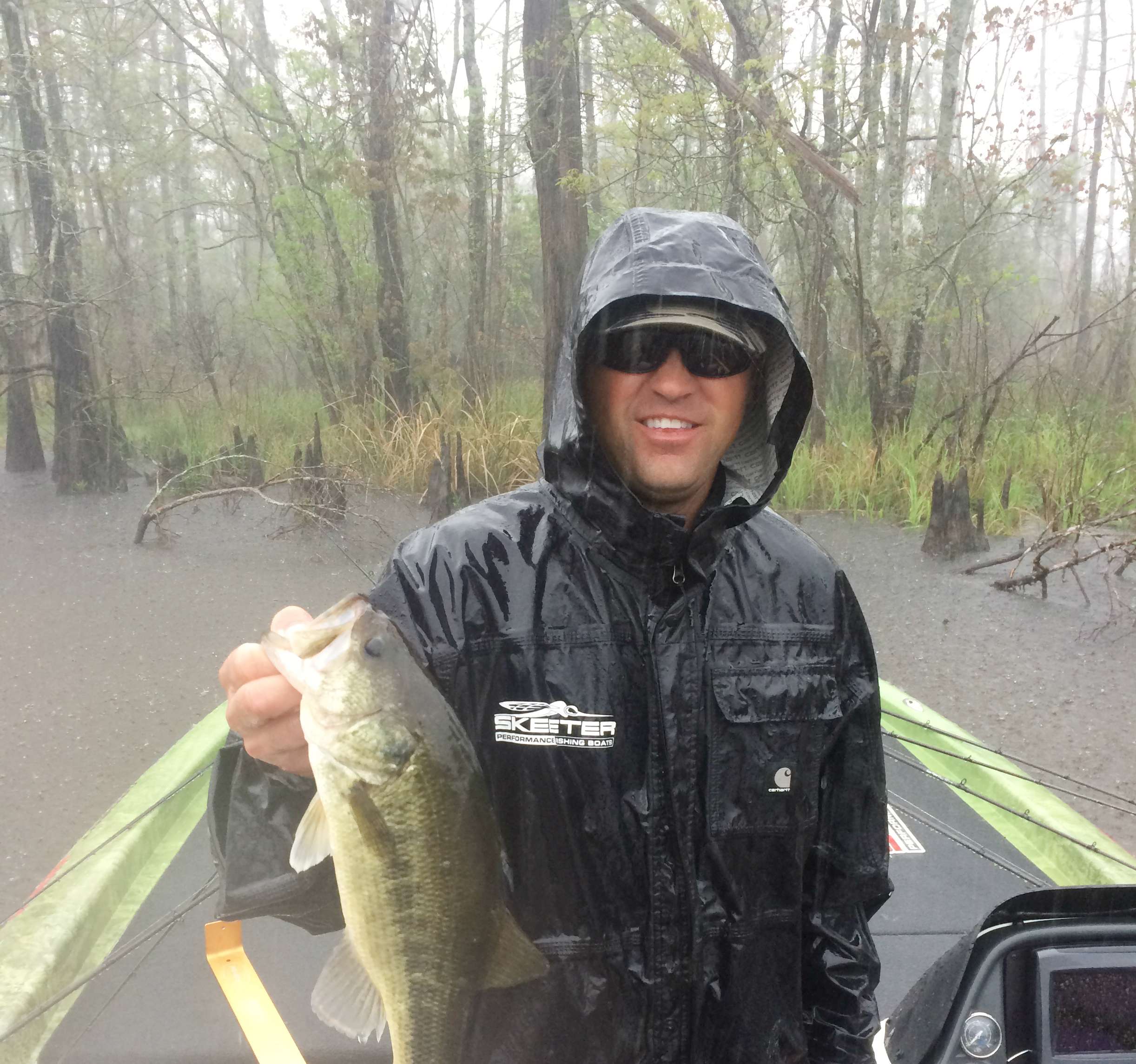Cliff Pirch with first keeper of Day 3. Rain was steady, but fish were still biting.
<br>Photo by Bassmaster Marshal Kevin Harris