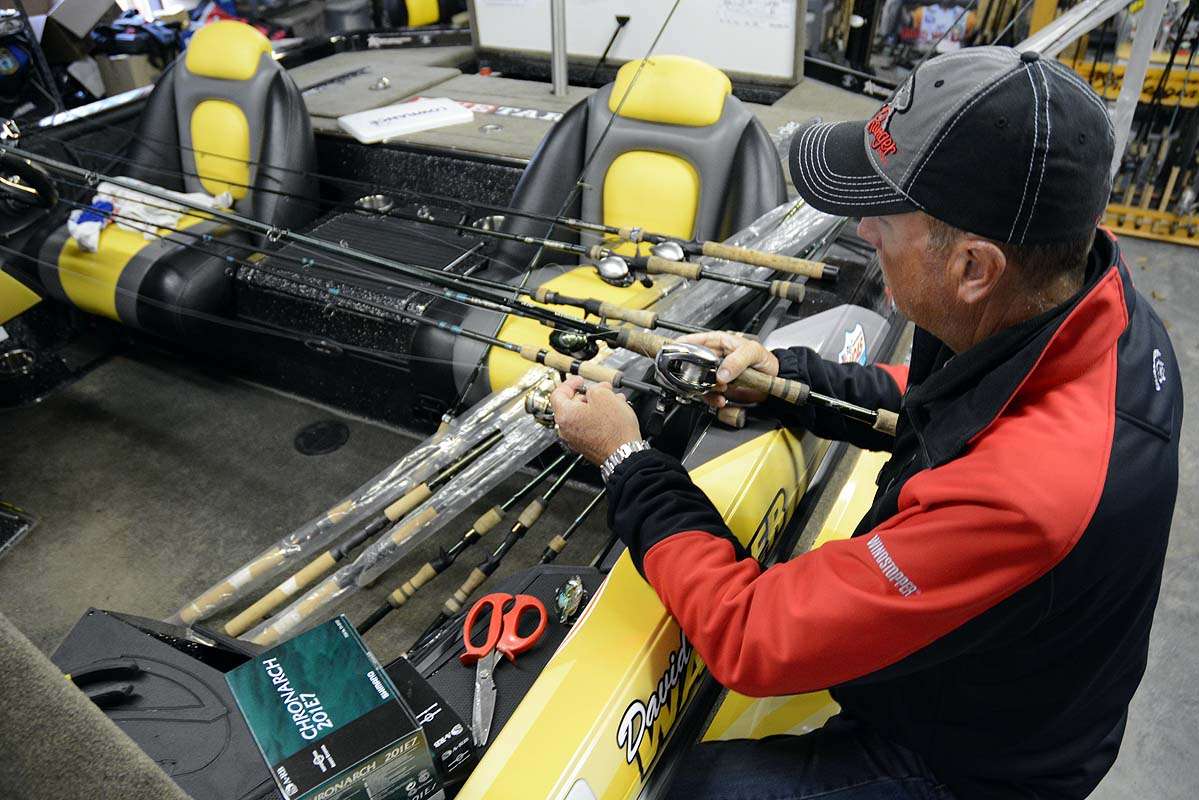 Walker carries around two-dozen rod-and-reel combos in his boat. Specialized fishing scenarios like fishing ultra deep-running crankbaits or finessing lightweight drop shot rigs require specialized combos. Heâll need them all for the Elite season. 