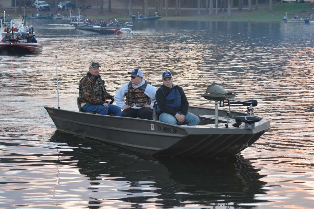 Who says you need a big, fancy boat to fish a bass tournament? Texas competitors Hadden Lummus and Reee McGraw leave the park in an aluminum boat with a 50-horsepower tiller-handle engine.