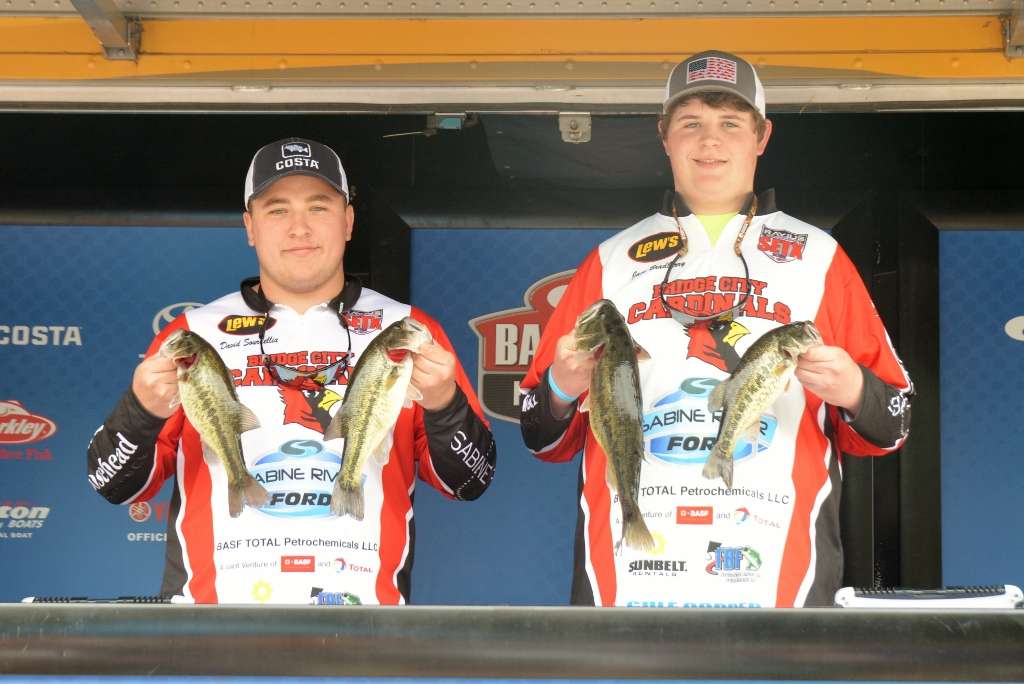 Texas anglers David Sourdellia, left, and Jace Bradberry weighed in the first nice bag of the day. They caught 7 pounds, 13 ounces, using a wacky worm.
